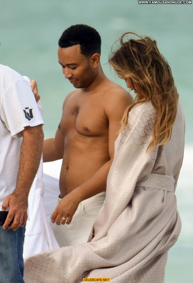 Chrissy Teigen Miami Beach Posing Hot Topless Toples Babe Beach